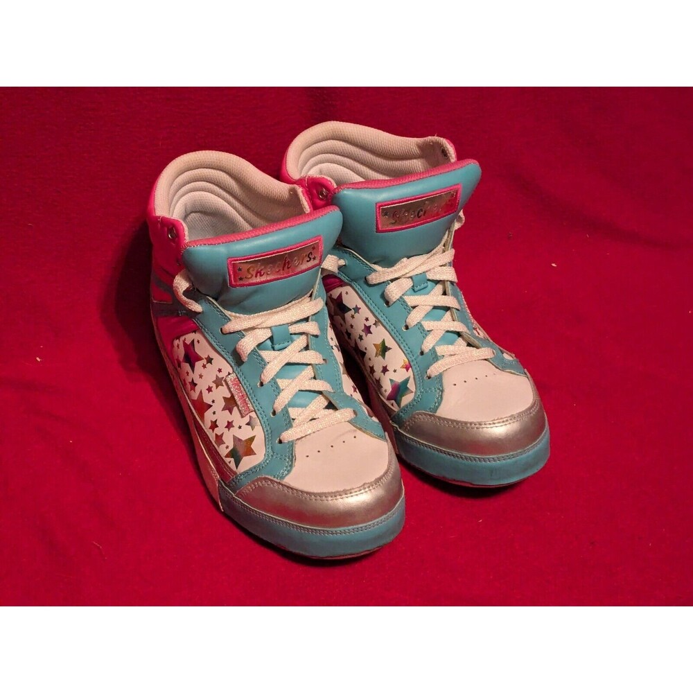 Retro Sketchers Womens, Teen Sneakers Size 4, blue white and pink, colored stars